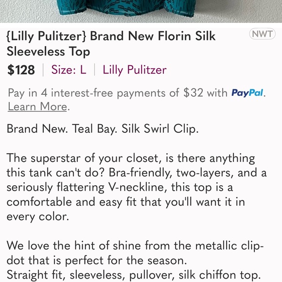 Lilly Pulitzer NWT Size XL Stunning Blue Patterned Sleeveless V-Neck Blouse Top - Picture 6 of 9